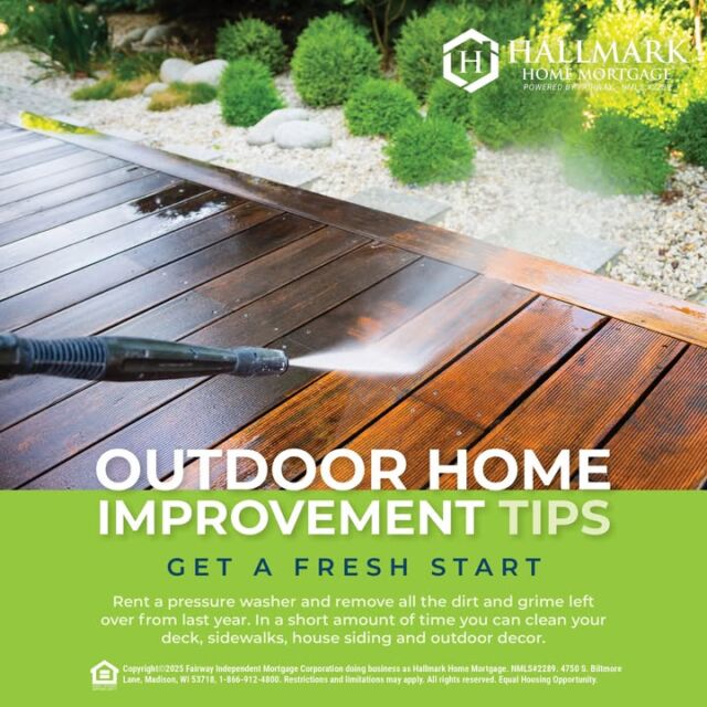 Outdoor home improvements don’t have to be time consuming. Rent a pressure washer and in an afternoon, you can have everything looking new again. #HHM #YourCommunityLender #HallmarkHomeMortgage #eHome #hhmtv